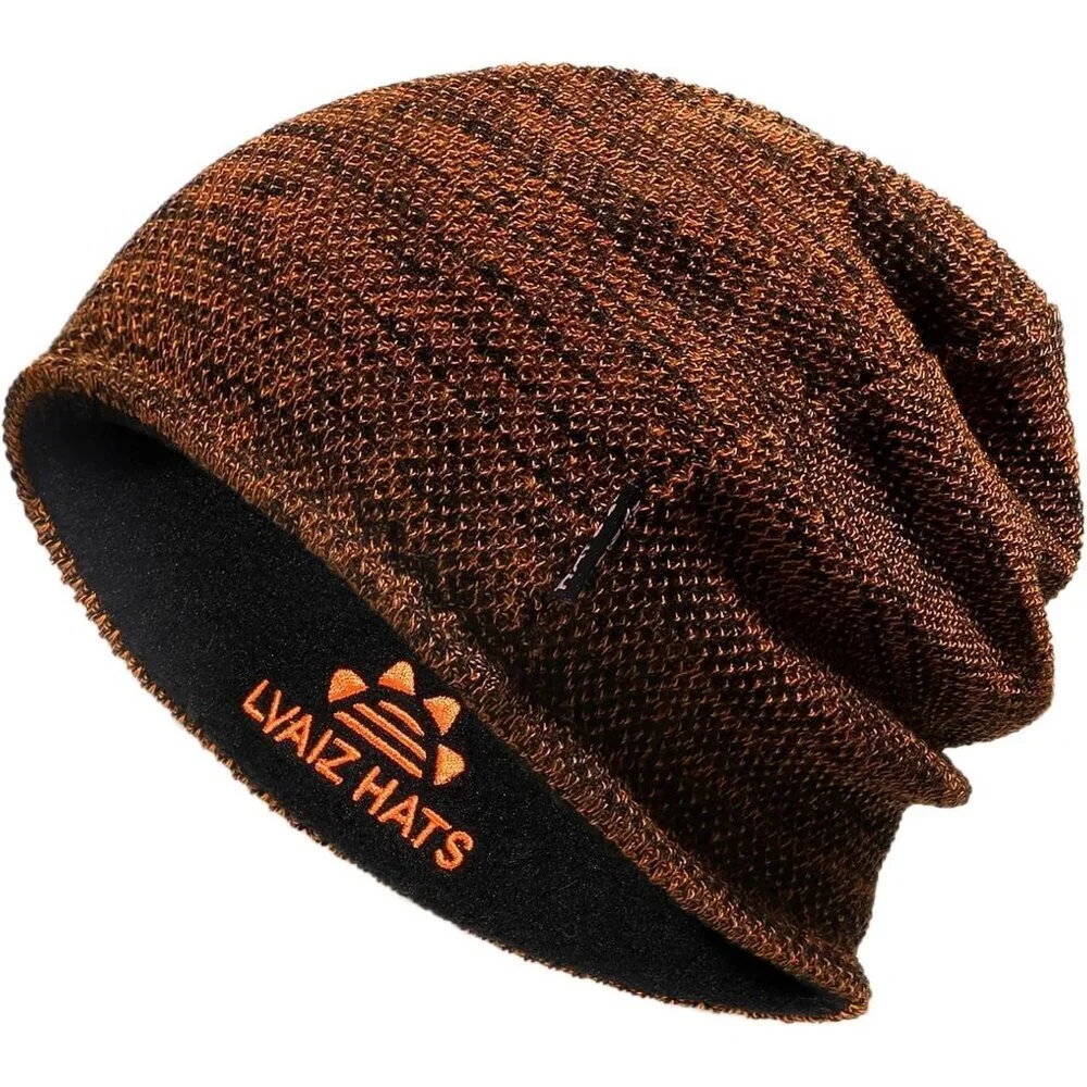Men Dark Orange+black Lvaiz Fleece Lined Beanie Hat Windproof Winter Unisex - Picture 1 of 7